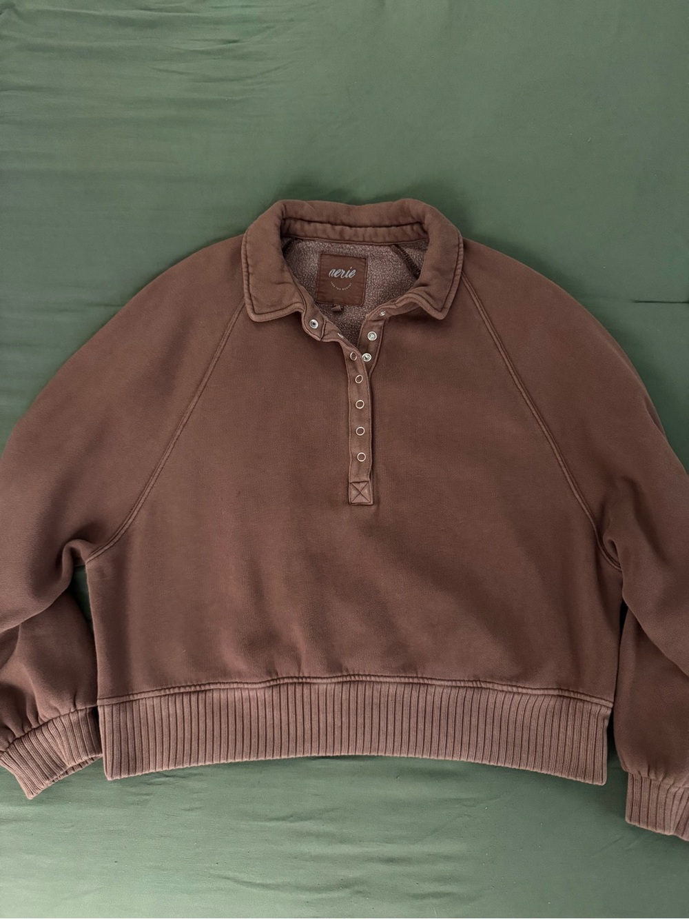Aerie Washed Brown Cropped Quarter Snap Sweatshirt M